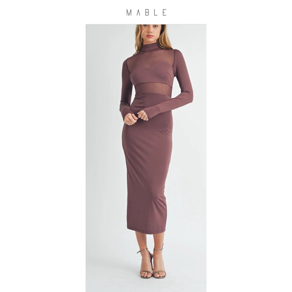 Mable Rhoswen Sheer Mesh‎ Bodice Bodycon Midi Dress Small Purple